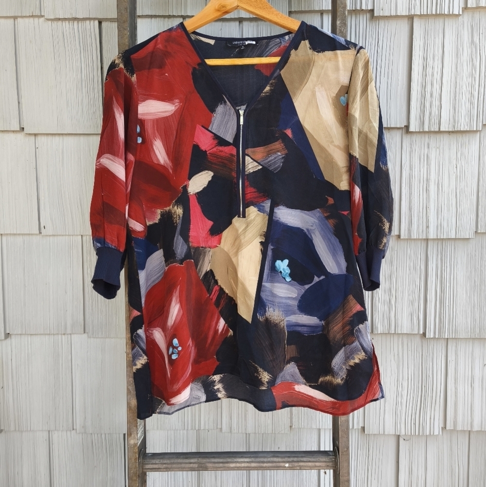 Lafayette 148 100% Silk 1/4 Zip Abstract Floral Print Blouse sz S Red Navy